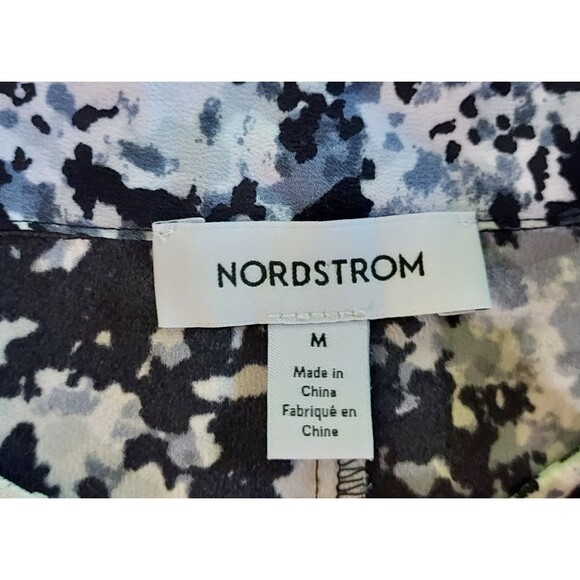 Nordstrom Shirt Top Women Size Medium Button Up Tie Neck Black Gray White Blouse - Picture 8 of 12